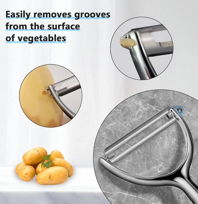 لوكاداه مقشرة سهلة الاستخدام على شكل حرف Y بشفرات حادة من الفولاذ المقاوم للصدأ للتفاح والخيار - مقبض مريح لإزالة عيون البطاطس بسهولة، مثالية لعشاق الطبخ والمبتدئين في المطبخ (فضي) - Image 2